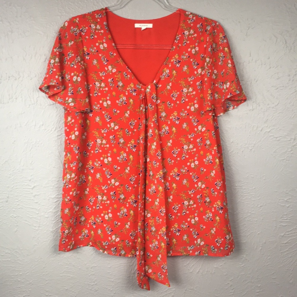 Pleione Red Floral Tie Front Flutter Blouse Shirt - Picture 2 of 12